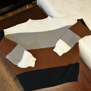 Striped color block Knit Sweater in Brown, Gray, Cream and Black